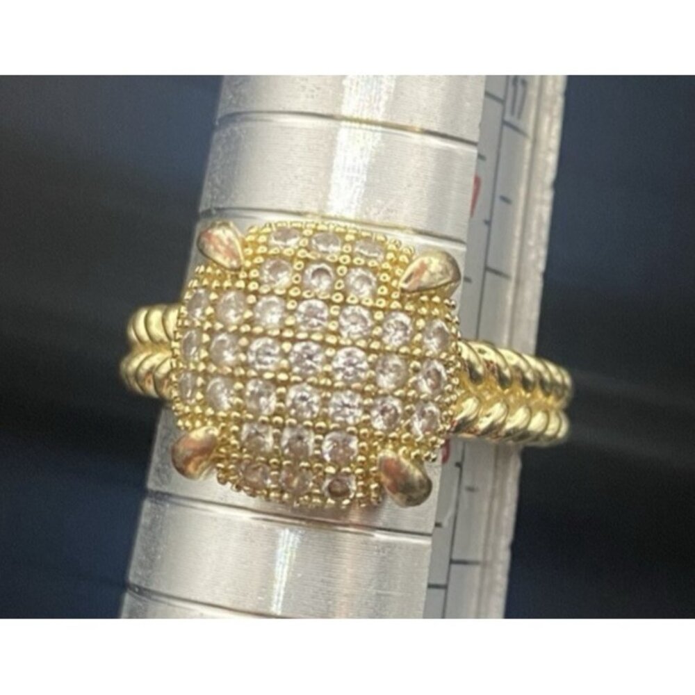 Square Cushion Pave CZ Ring Size 8 Yellow Gold Tone Designer Style Rope Detail - Picture 1 of 11